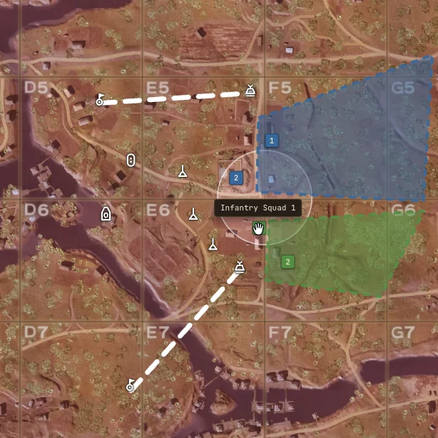 A tacmap with two squads placed, a planned route and marked zones