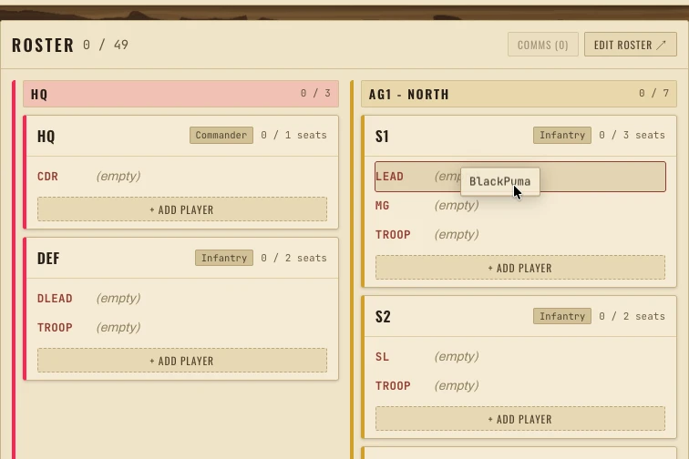 Players tab: the roster's squads with empty seats and a player being dragged into the lead seat of an infantry squad.